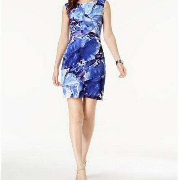 Connected Apparel Women Blue Floral Print Tiered Sheath Dress Sz 6/14 - Picture 3 of 8
